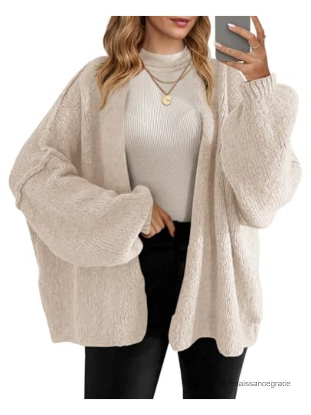 Oversized Open Front Chunky Knit Cardigan Sweater Lantern Sleeve